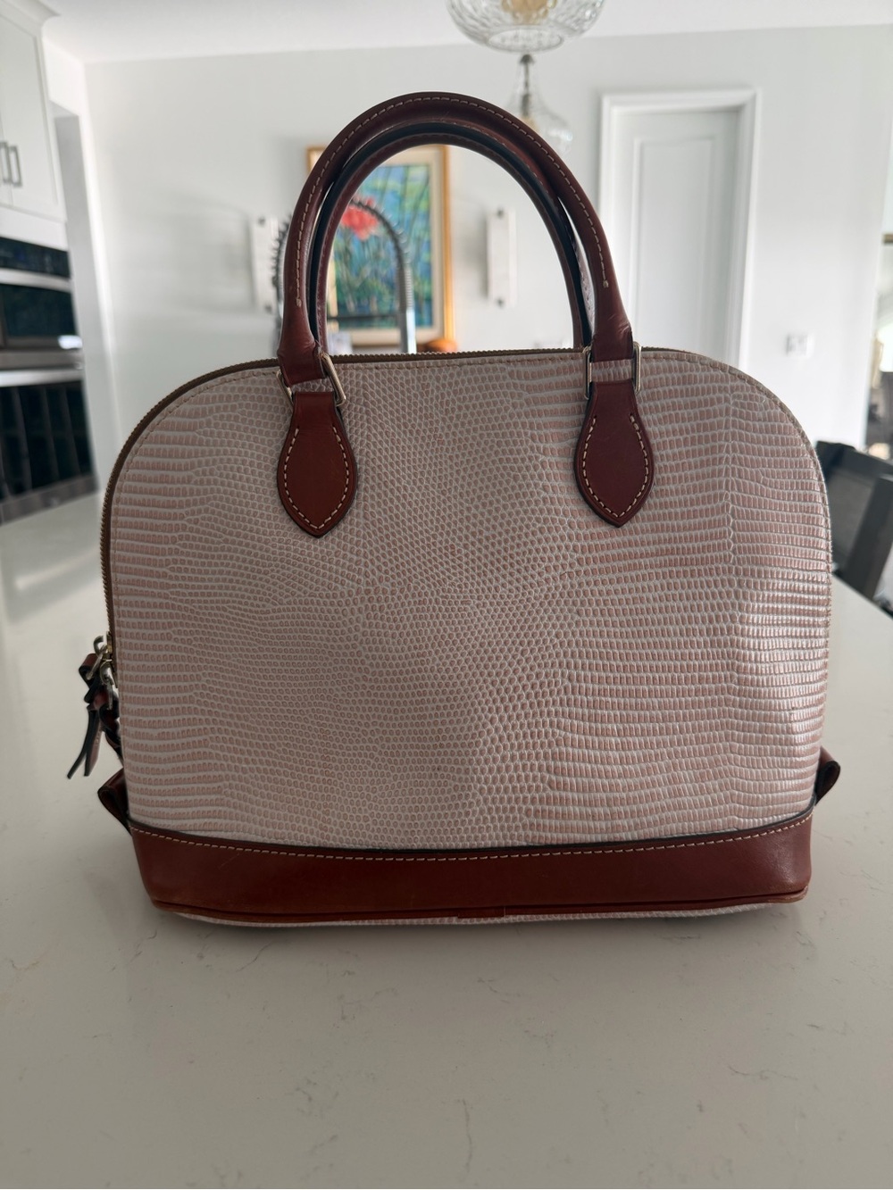 Dooney & Bourke Blush Lizard-Textured Satchel with Brown Leather Trim - Picture 4 of 7
